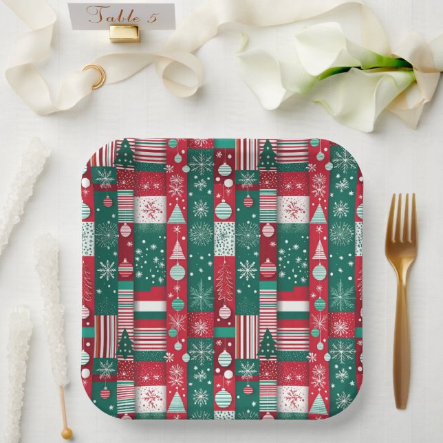Classic Christmas Wrapping Paper Pattern Paper Plate (Wedding)
