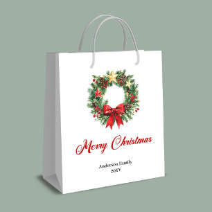 Classic Christmas wreath gift bag custom lettering
