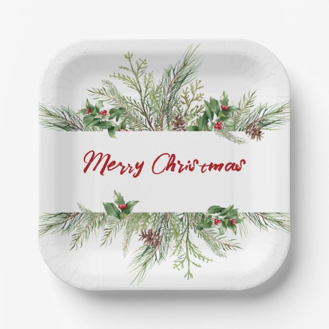 Classic Christmas Wreath Holiday Family Party Paper Plate (Front)