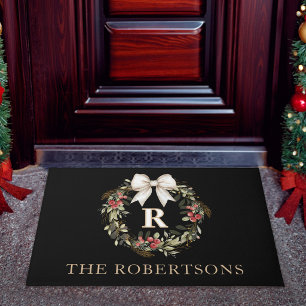 Classic Christmas Wreath Monogram Name Holiday Doormat