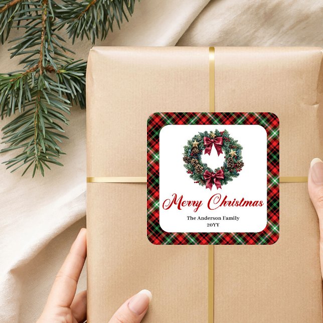 Classic Christmas Wreath Red Green Pattern Sticker (Classic Christmas Wreath Red Green Pattern Stickers)