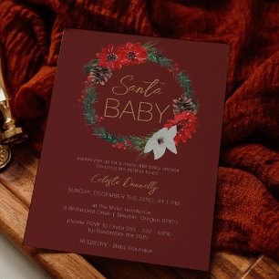 Classic Christmas Wreath Red Santa Baby Shower Invitation