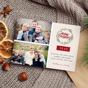 Classic Christmas Wreath Two Photos Personalised Postcard