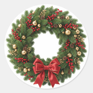 Classic Christmas Wreath with Red Ribbon and Gold  Round Sticker