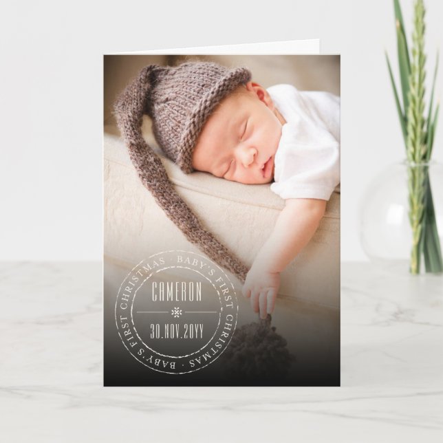 Classic Circle Stamped Seal Baby First Christmas Holiday Card (Front)