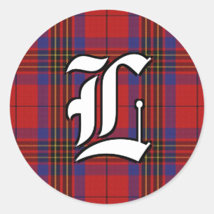Classic Clan Leslie Red and Blue Tartan Monogram Round Sticker