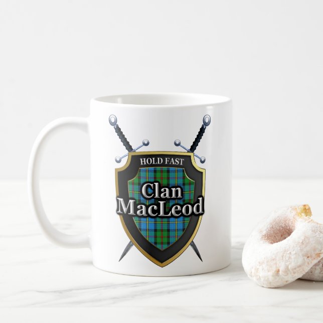 Classic Clan MacLeod Swords and Tartan Shield Coffee Mug (With Donut)