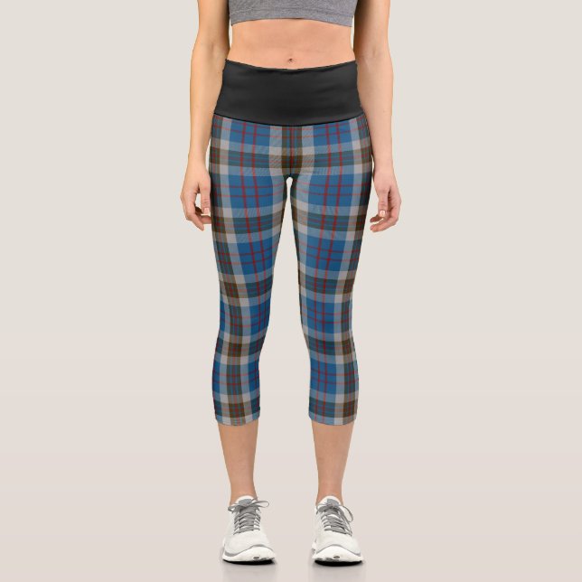 Classic Clan Thompson Blue Gray Tartan Plaid Capri Leggings (Front)