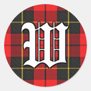Classic Clan Wallace Red and Black Tartan Monogram Round Sticker