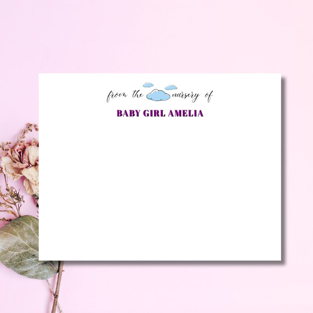 Classic Clouds Purple Name Nursery Note Card (Creator Uploaded)