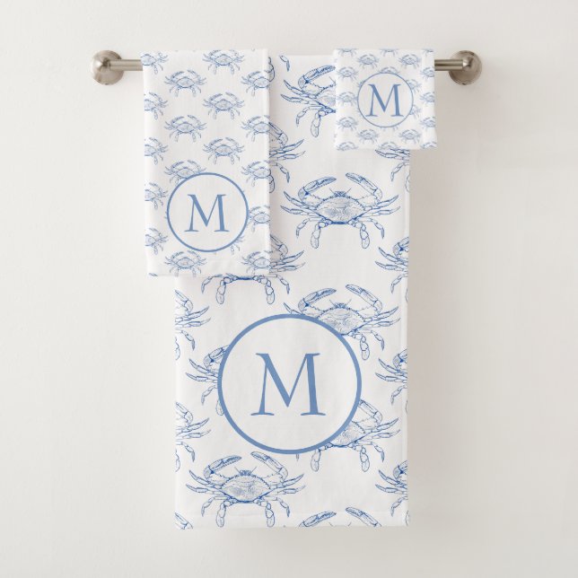 Classic Coastal Blue and White Crabs Monogram Bath Towel Set (Insitu)