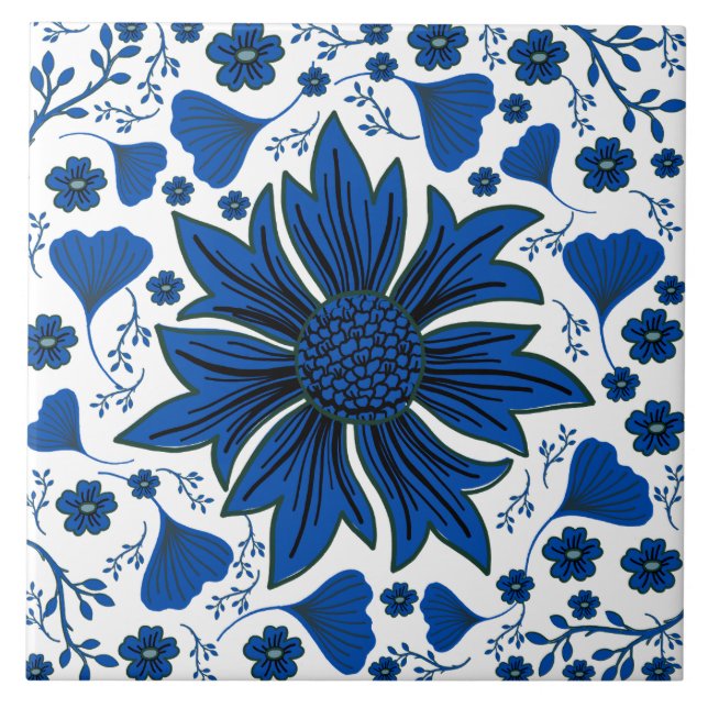 Classic cobalt blue and white William Morris Tile (Front)