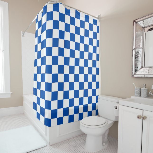 Classic cobalt blue checkerboard shower curtain (In Situ)