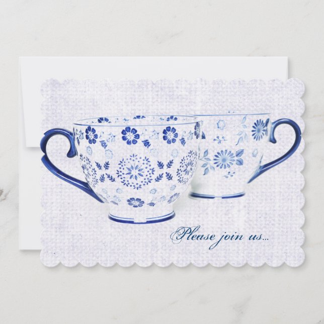 Classic cobalt blue pattern tea cups invitation (Front)
