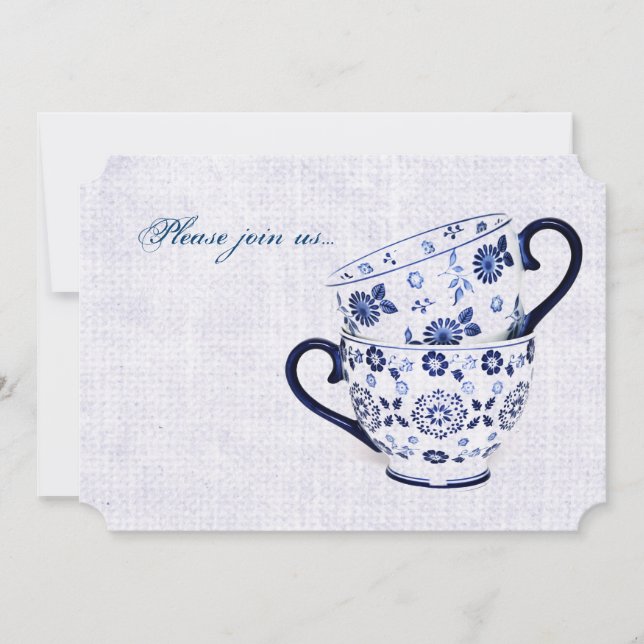 Classic cobalt blue pattern tea cups invitation (Front)