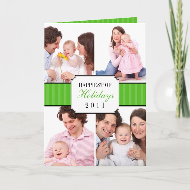 Classic collage green striped band Christmas photo Holiday Card (Front)