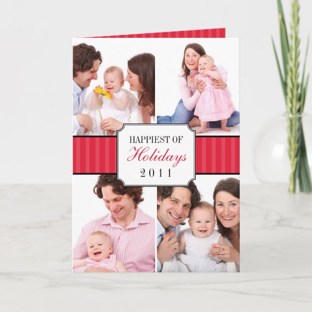Classic collage red striped band Christmas photo Holiday Card (Front)