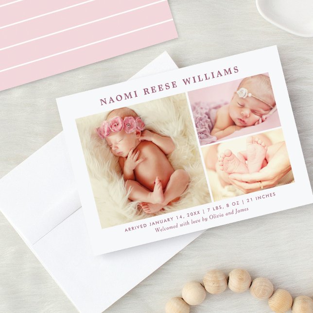 Classic Collage Rosy Pink Baby Girl Photo Birth Announcement (Creator Uploaded)