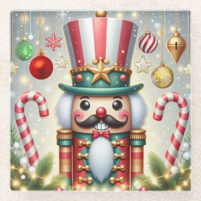 Classic, colourful, whimsical Christmas nutcracker Glass Coaster (Front)