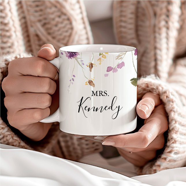 Classic Colourful Wild Floral Mrs Newlywed Bride  Two-Tone Coffee Mug (Creator Uploaded)