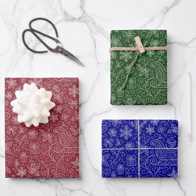 Classic Colours Doodle Christmas Pattern  Wrapping Paper Sheet (Front)