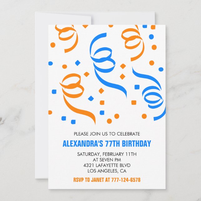 Classic Confetti Blue Orange 77th birthday Invitation (Front)