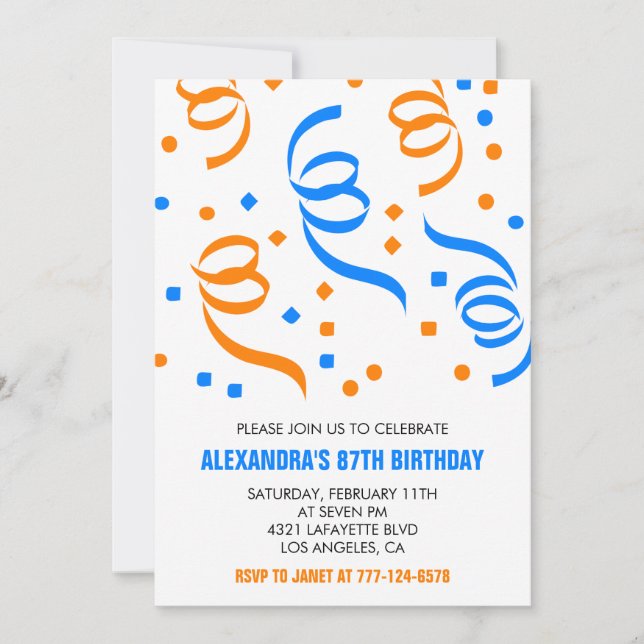 Classic Confetti Blue Orange 87th birthday Invitation (Front)