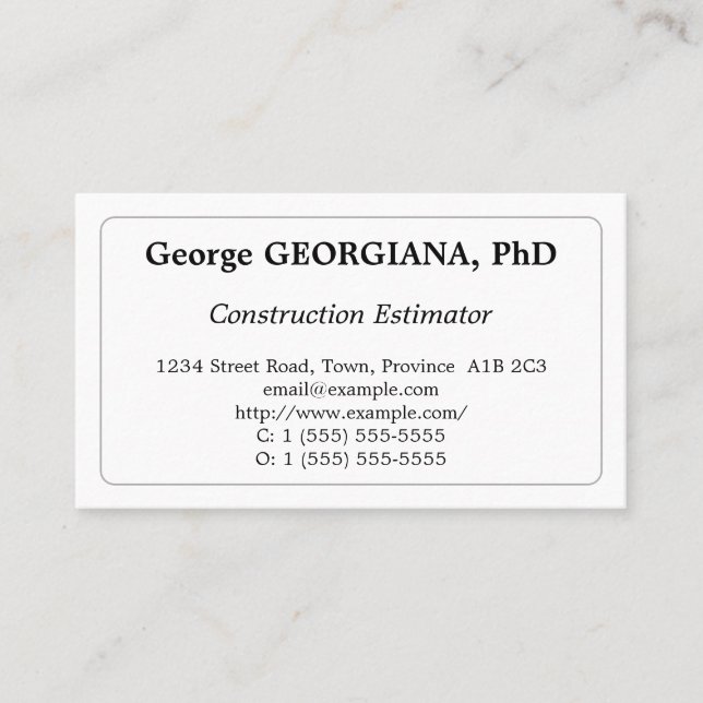 Classic Construction Estimator Business Card (Front)