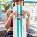 Classic Cool Teal White Racing Stripes Monogram Skateboard<br><div class="desc">Create your own custom, personalised, modern, cool, stylish, turquoise teal and white racing stripes, classy elegant typography script, best quality hard-rock maple competition shaped skateboard deck. To customise, simply type in your name / monogram / initials. While you add / design, you'll be able to see a preview of your...</div>