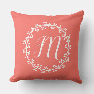 Classic Coral Delicate Wreath Monogram Cushion
