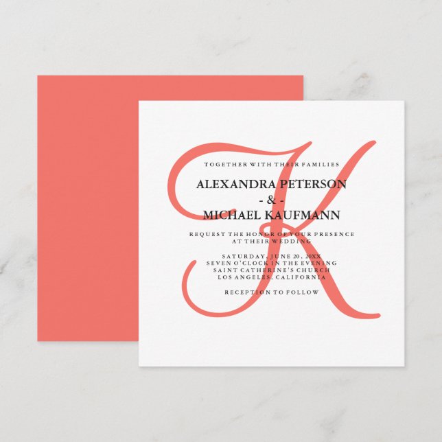Classic Coral Monogram Wedding Invitation (Front/Back)