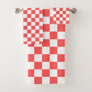 Classic coral red checkerboard bath towel set