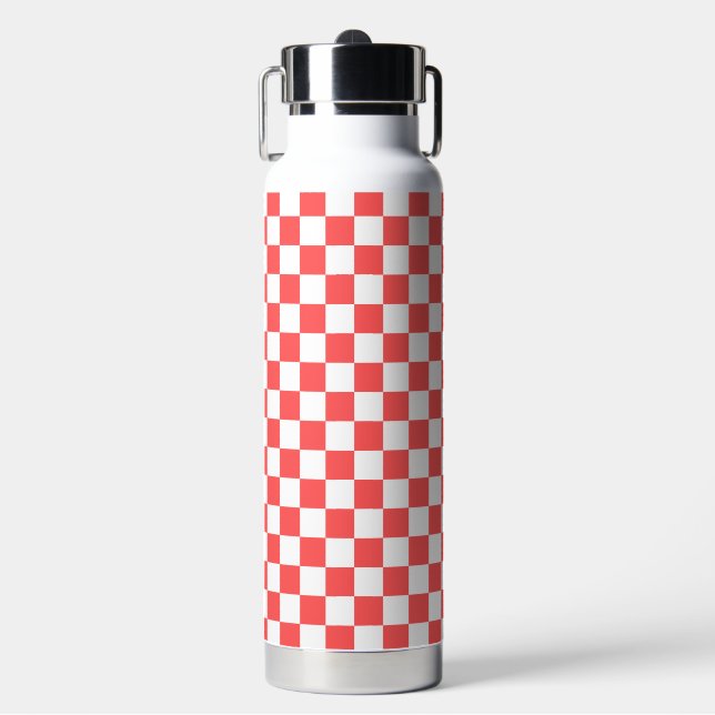 Classic coral red chequerboard water bottle (Front)