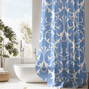 Classic Cornflower Blue & White Damask Floral Shower Curtain