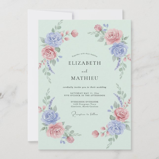 Classic Cornflower Celadon Peony Wedding Invitation (Front)