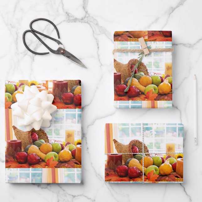 Classic Cornucopia Harvest Table Pattern Wrapping Paper Sheet (Front)
