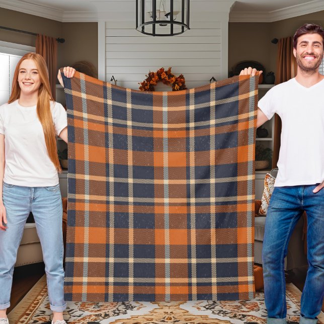 Classic Cosy Autumn Blue and Orange Plaid Fleece Blanket (Classic Cozy Autumn Blue and Orange Plaid Fleece Blanket)