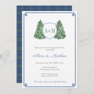 Classic Cosy Cabin Plaid Monogram Engagement Party Invitation