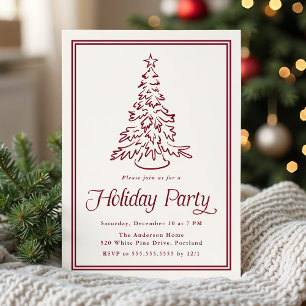 Classic Cranberry Border Christmas Tree Holiday Invitation