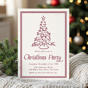 Classic Cranberry Border Christmas Tree Party Invitation