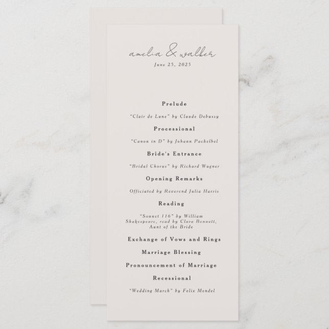 Classic Cream and Charcoal Grey Wedding Program Menu (Front/Back)