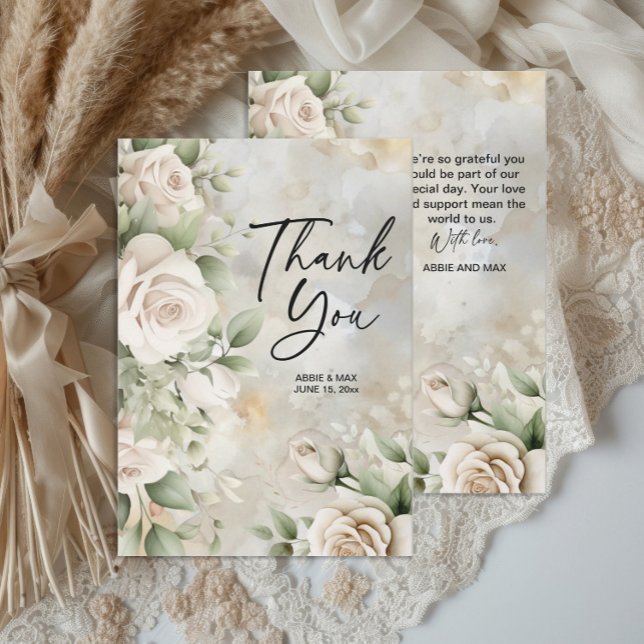 Classic Cream Floral Sage Green Leaves Wedding  Thank You Card (Classic and elegant ivory roses and sage green leaves wedding thank you card)