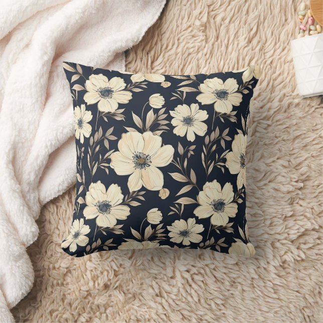 Classic Cream Flowers On Dark Navy Blue Background Cushion (Blanket)
