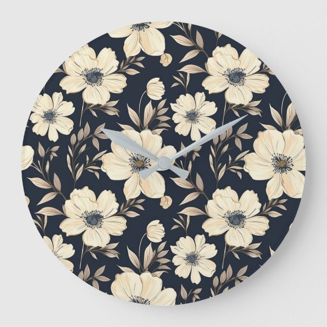 Classic Cream Flowers On Dark Navy Blue Background Large Clock (Front)