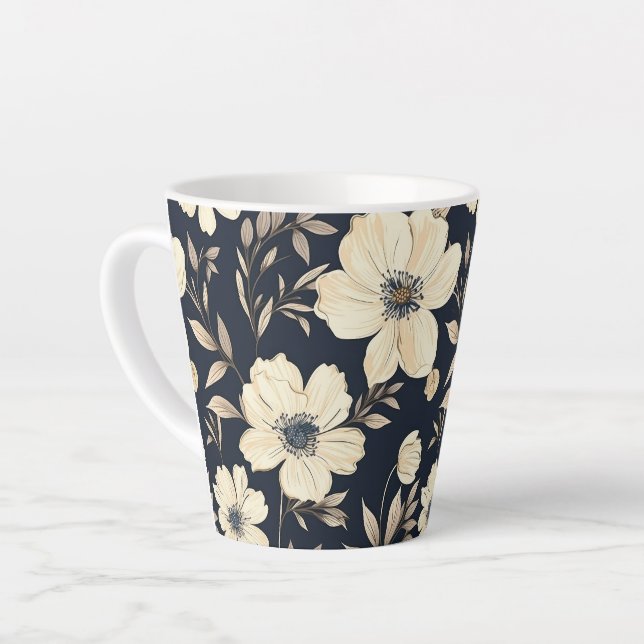 Classic Cream Flowers On Dark Navy Blue Background Latte Mug (Left Angle)