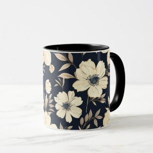 Classic Cream Flowers On Dark Navy Blue Background Mug