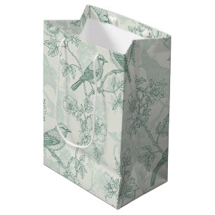 Classic Cream Mint Bird Garden Toile Pattern Medium Gift Bag