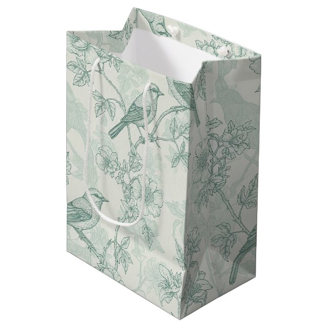 Classic Cream Mint Bird Garden Toile Pattern Medium Gift Bag (Front Angled)