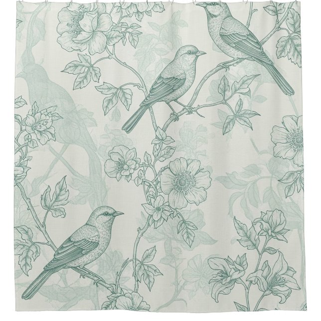 Classic Cream Mint Bird Garden Toile Pattern Shower Curtain (Front)
