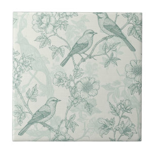 Classic Cream Mint Bird Garden Toile Pattern Tile